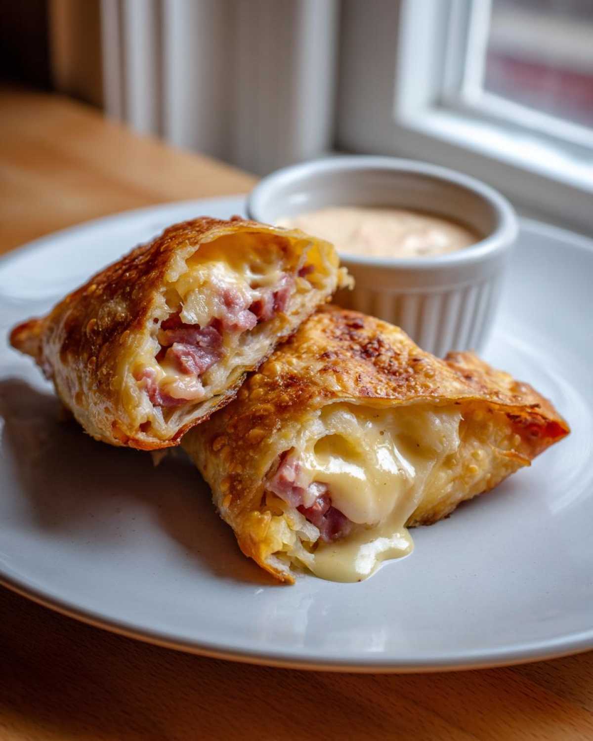 Close-up of Crispy Baked Reuben Egg Rolls cut in half, showing melted cheese and corned beef filling, served with dip.