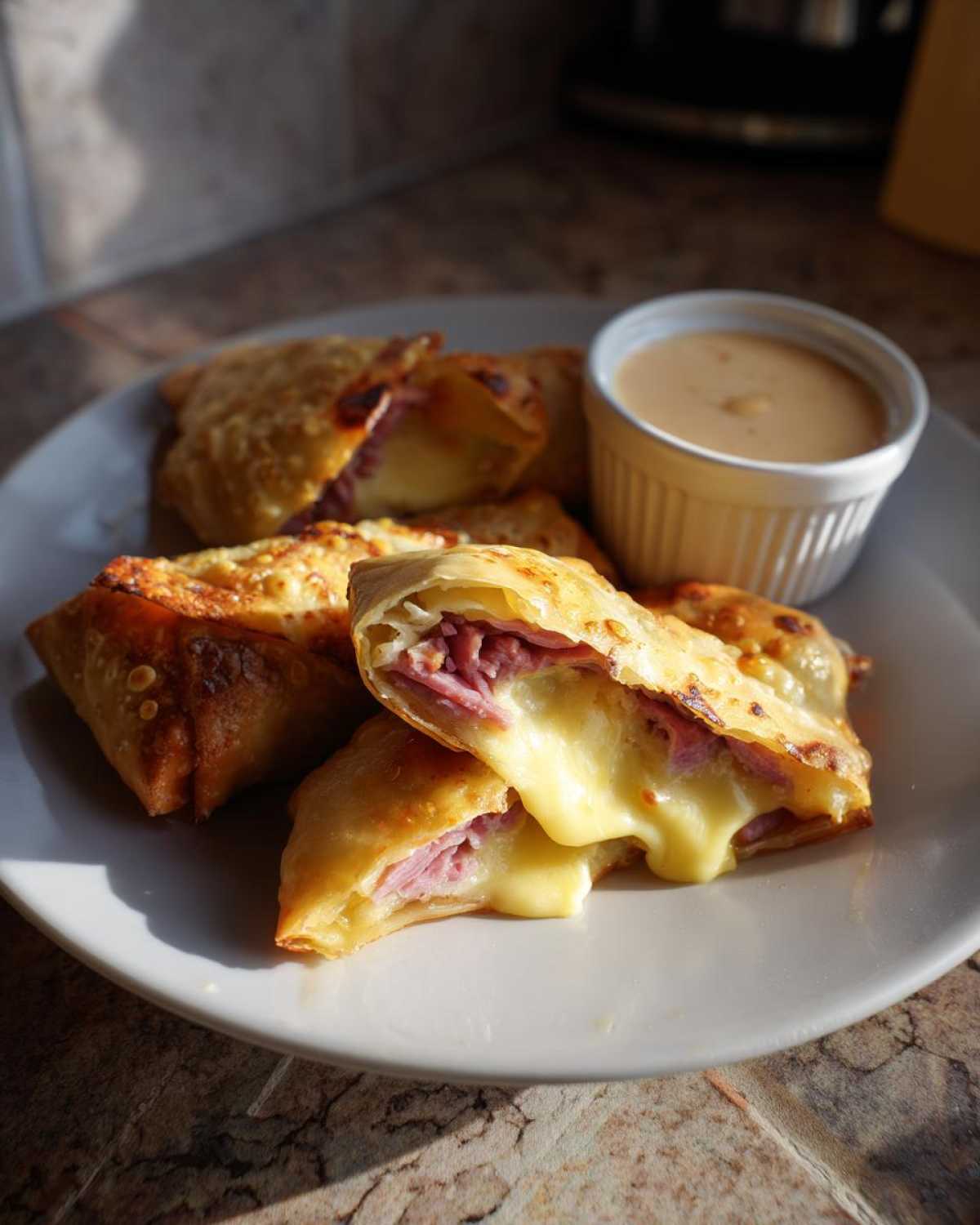 Close-up of Crispy Baked Reuben Egg Rolls, one cut open showing melted cheese and corned beef, served with dip.