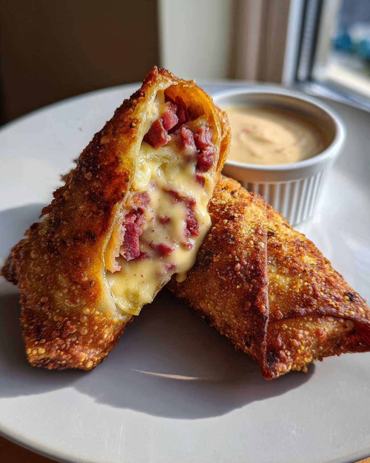 Two Crispy Baked Reuben Egg Rolls cut in half showing melted cheese and corned beef, served with Thousand Island Dip.