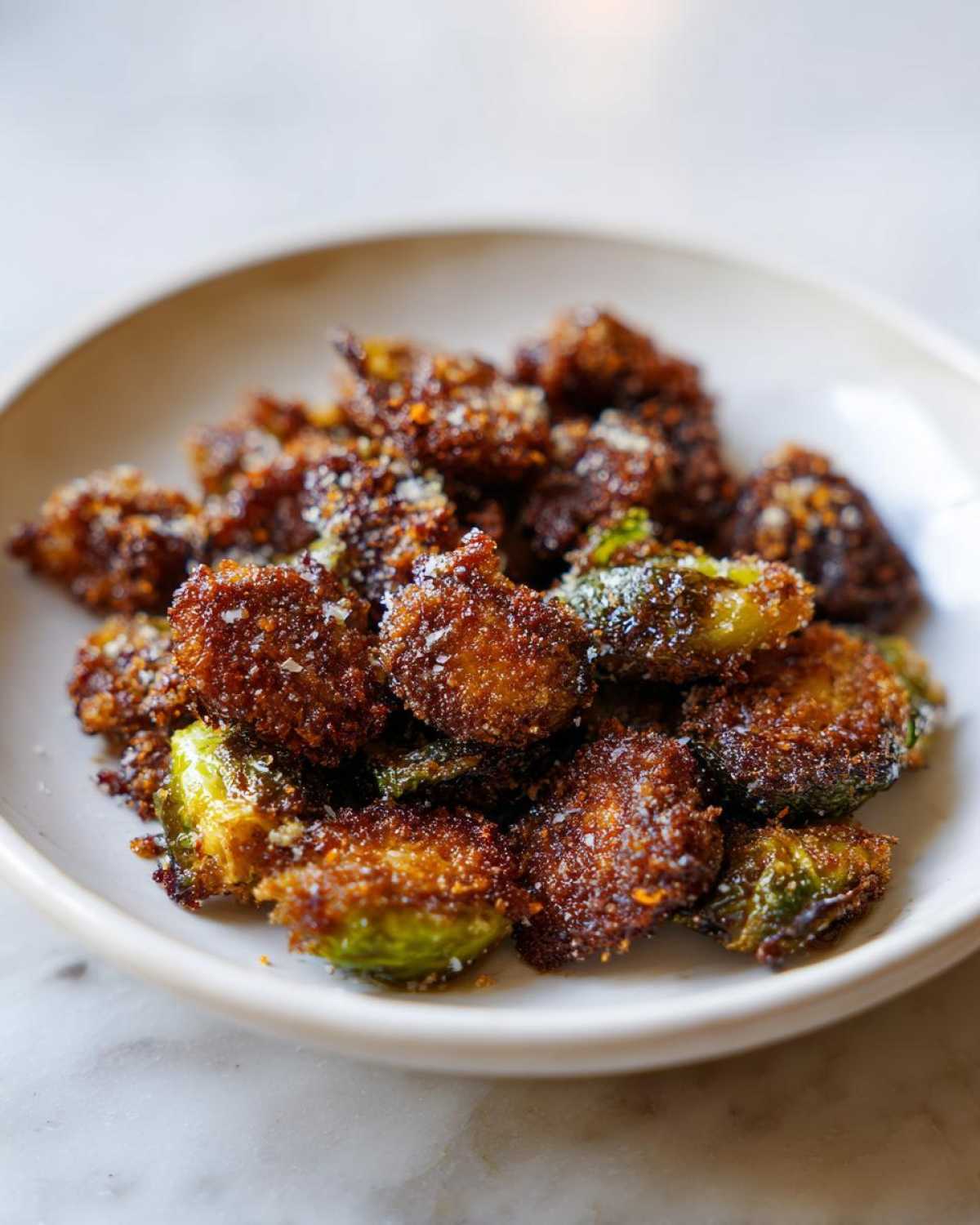 Close-up of perfectly Crispy Parmesan Brussels Sprouts, deep golden brown and sprinkled with cheese.