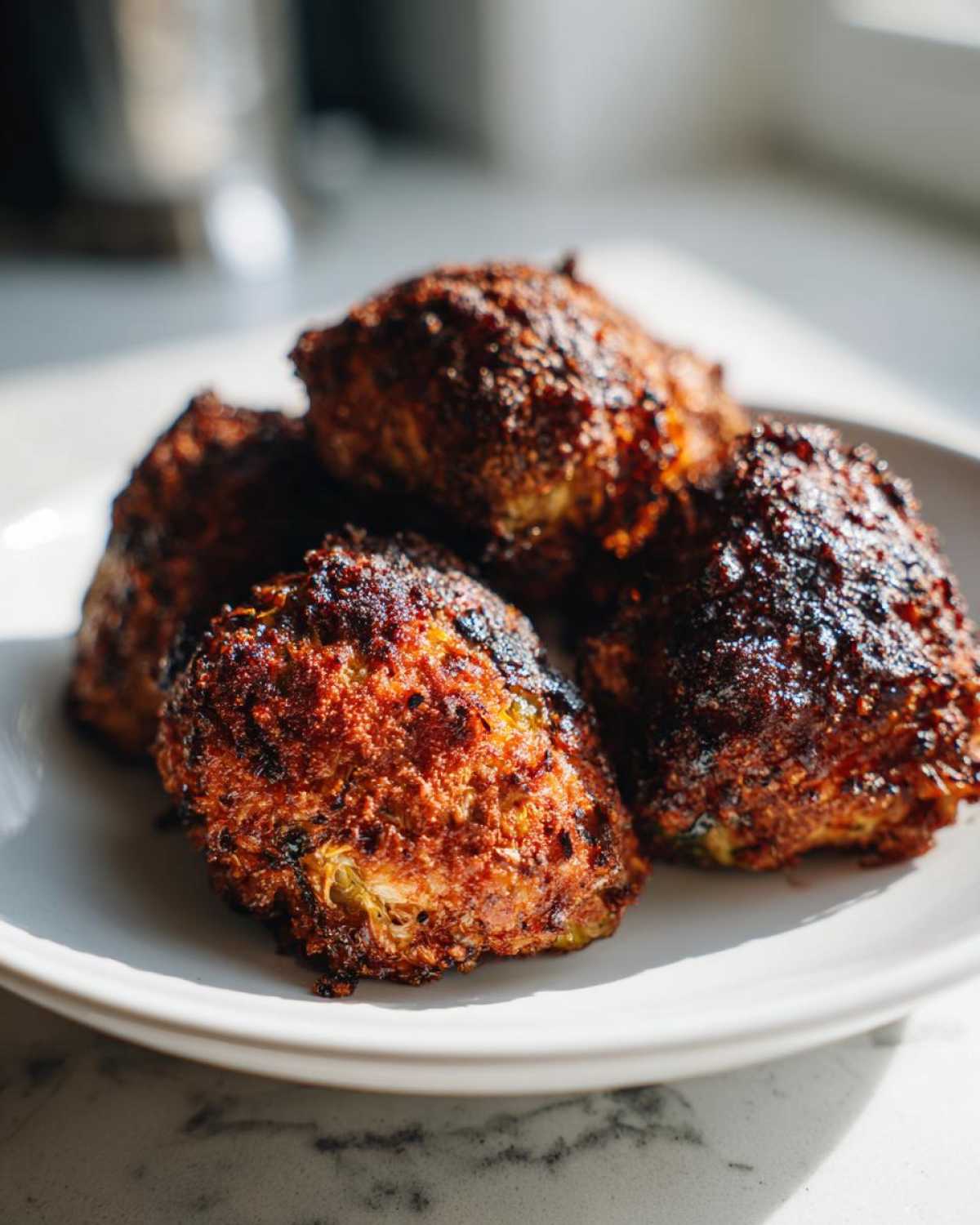 Four deeply browned, crispy Parmesan Brussels Sprouts piled on a white plate, showcasing their texture.