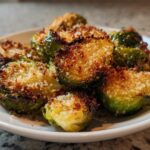 Close-up of roasted Crispy Parmesan Brussels Sprouts piled on a white plate, showing browned edges and cheesy topping.