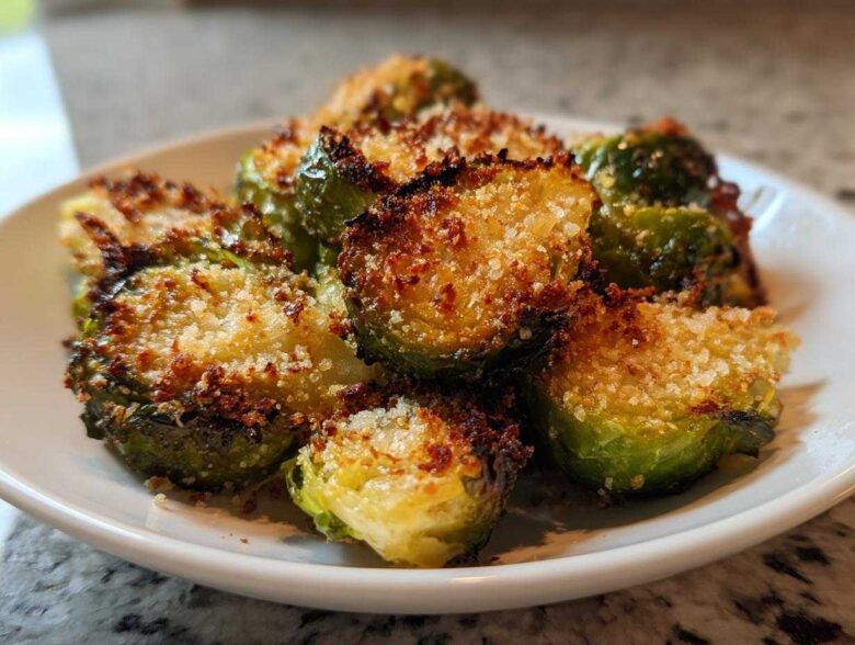 Close-up of roasted Crispy Parmesan Brussels Sprouts piled on a white plate, showing browned edges and cheesy topping.