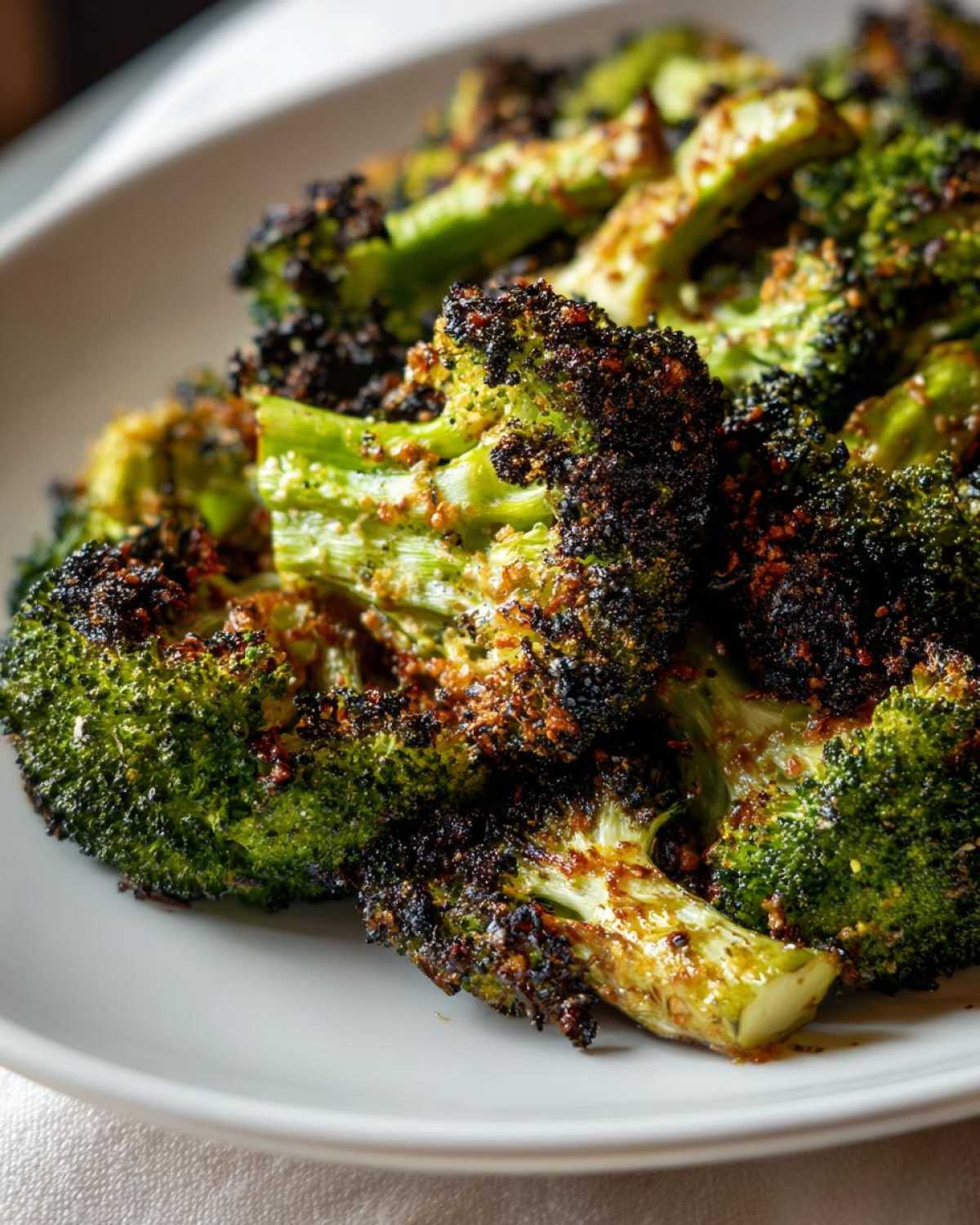 Close-up of bright green broccoli florets heavily coated and charred from roasting, showcasing the Crispy Parmesan Roasted Broccoli texture.