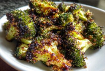 Close-up of perfectly cooked Crispy Parmesan Roasted Broccoli with dark, caramelized edges.