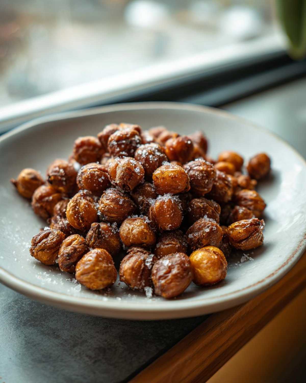 A bowl piled high with golden brown, crunchy air fryer ranch chickpeas sprinkled with coarse salt.