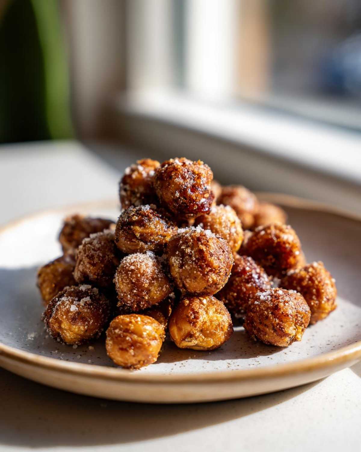 A close-up of Crunchy Air Fryer Ranch Chickpeas piled high on a speckled plate, lightly dusted with seasoning.