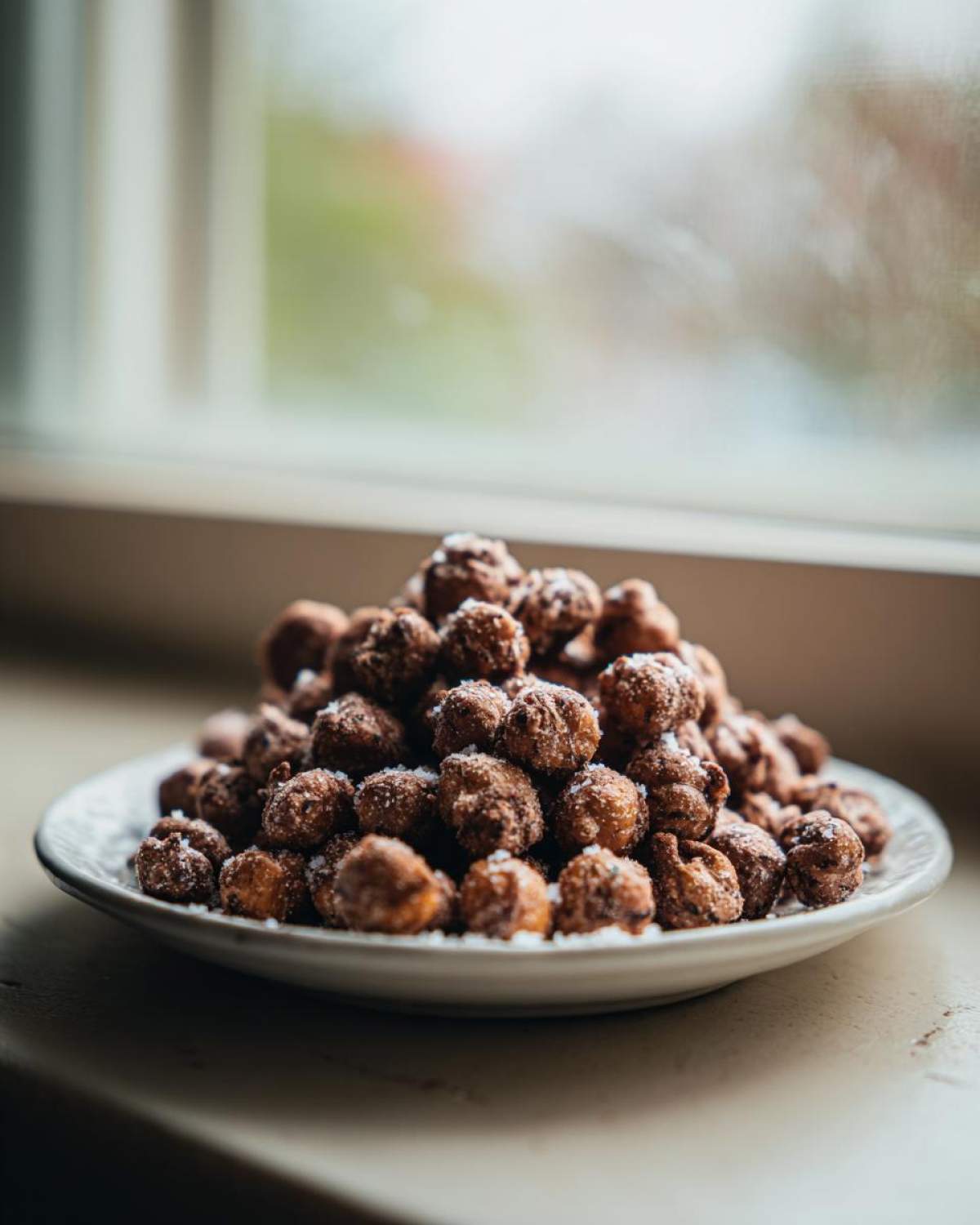 A mound of Crunchy Air Fryer Ranch Chickpeas dusted with seasoning, served on a small white plate near a window.