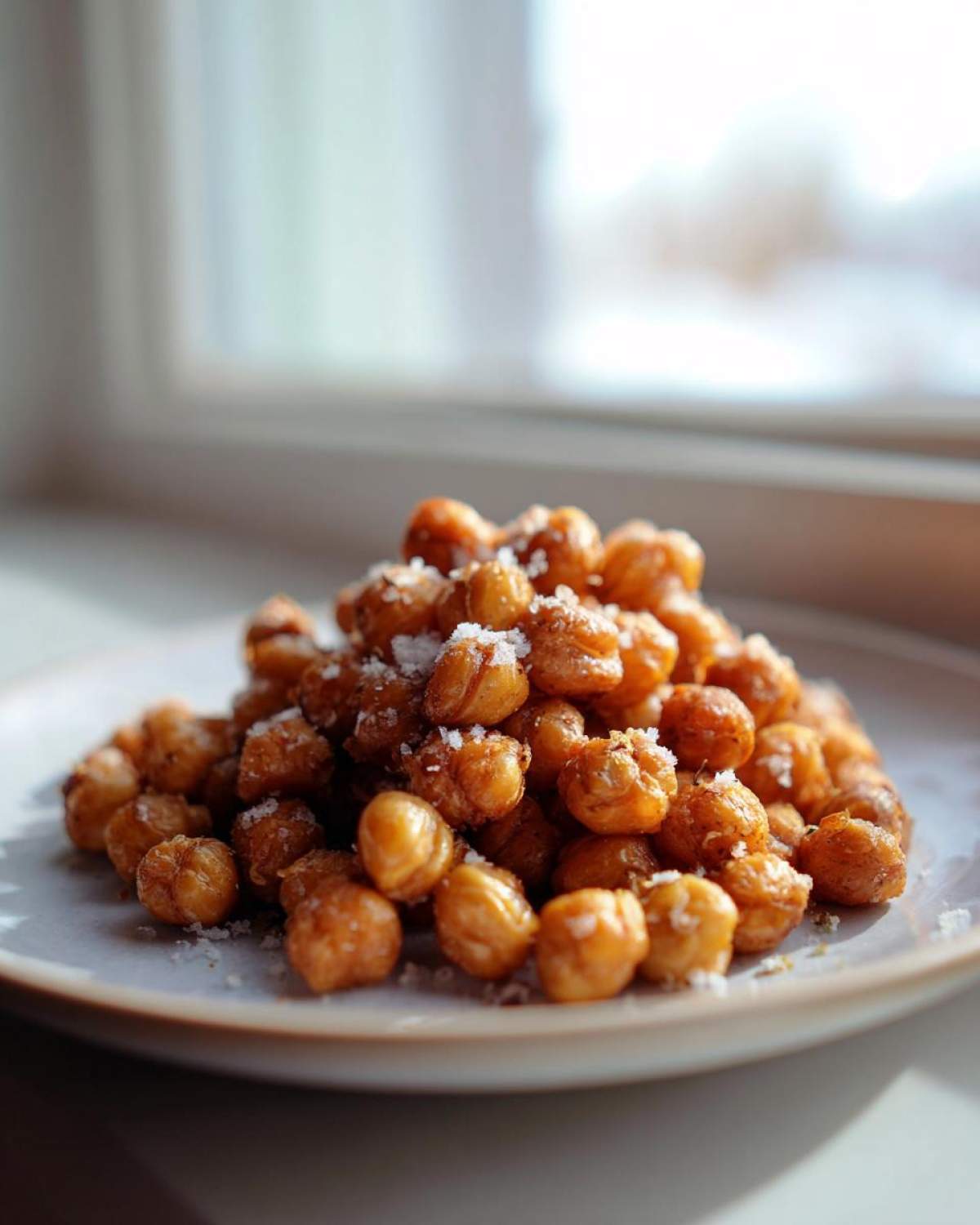 A pile of golden brown Crunchy Air Fryer Ranch Chickpeas sprinkled with coarse sea salt on a light plate.