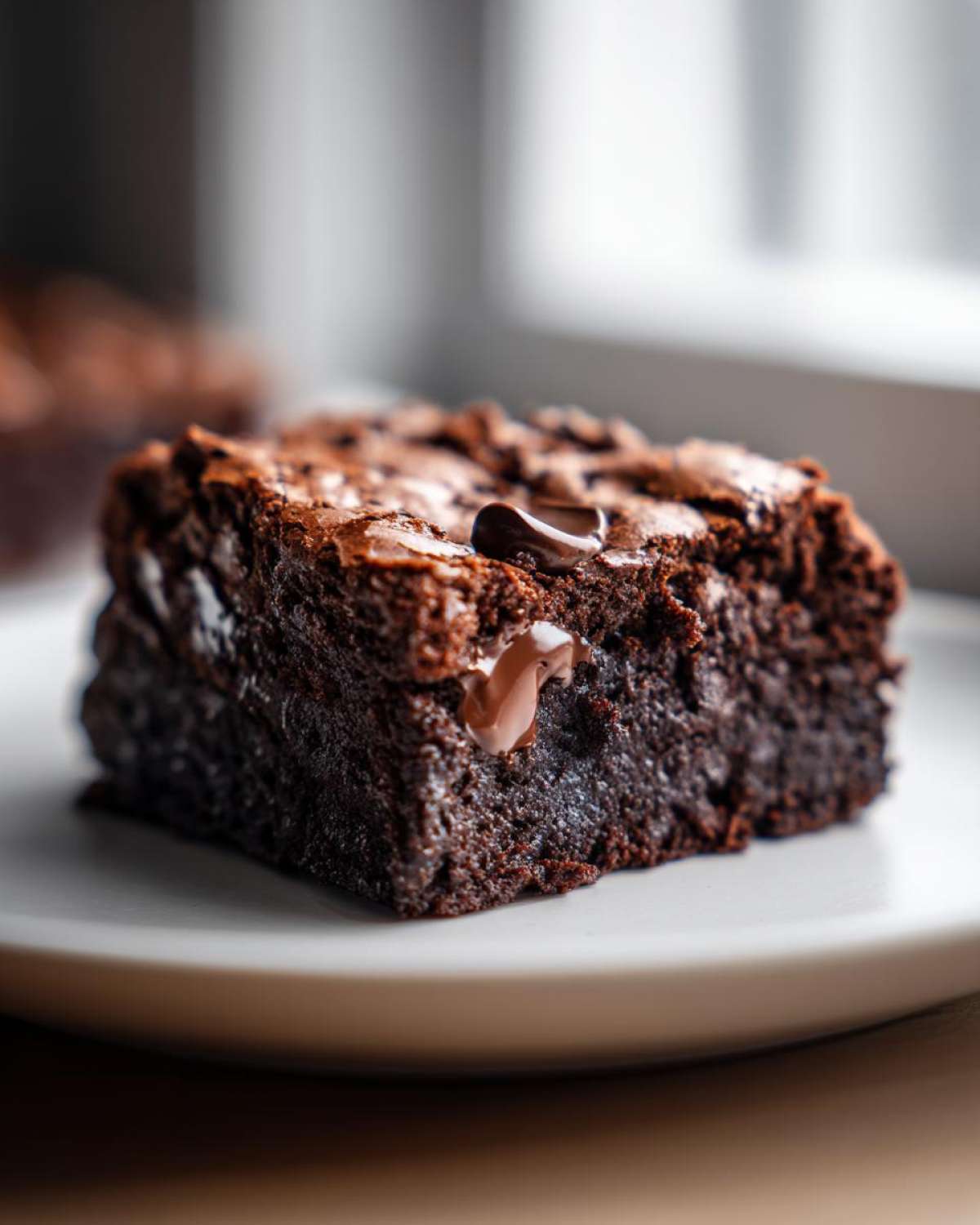 Close-up of a rich, fudgy Dark Chocolate Tahini Brownies square with a melting chocolate chip on top.