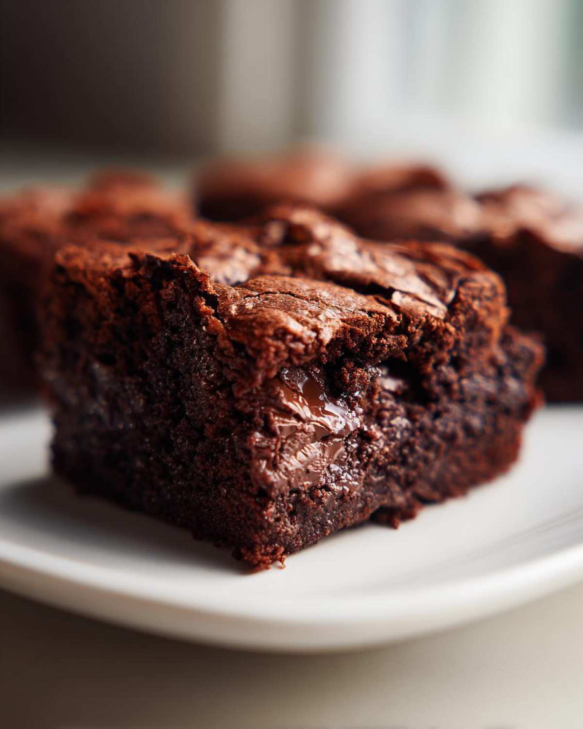 Close-up of a fudgy square of Dark Chocolate Tahini Brownies showing a melted chocolate chip.