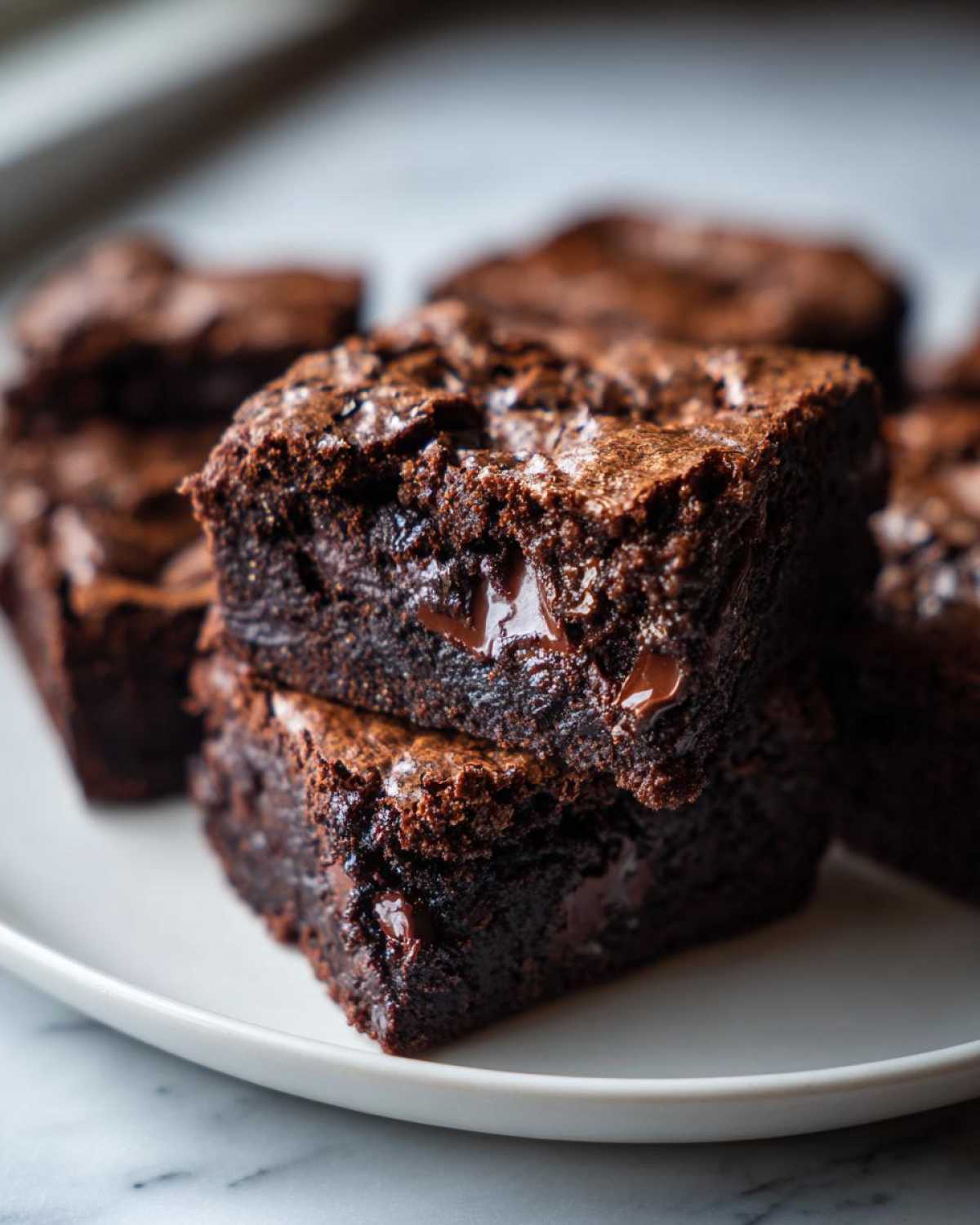 Close-up of fudgy Dark Chocolate Tahini Brownies stacked, showing melted chocolate chips inside.