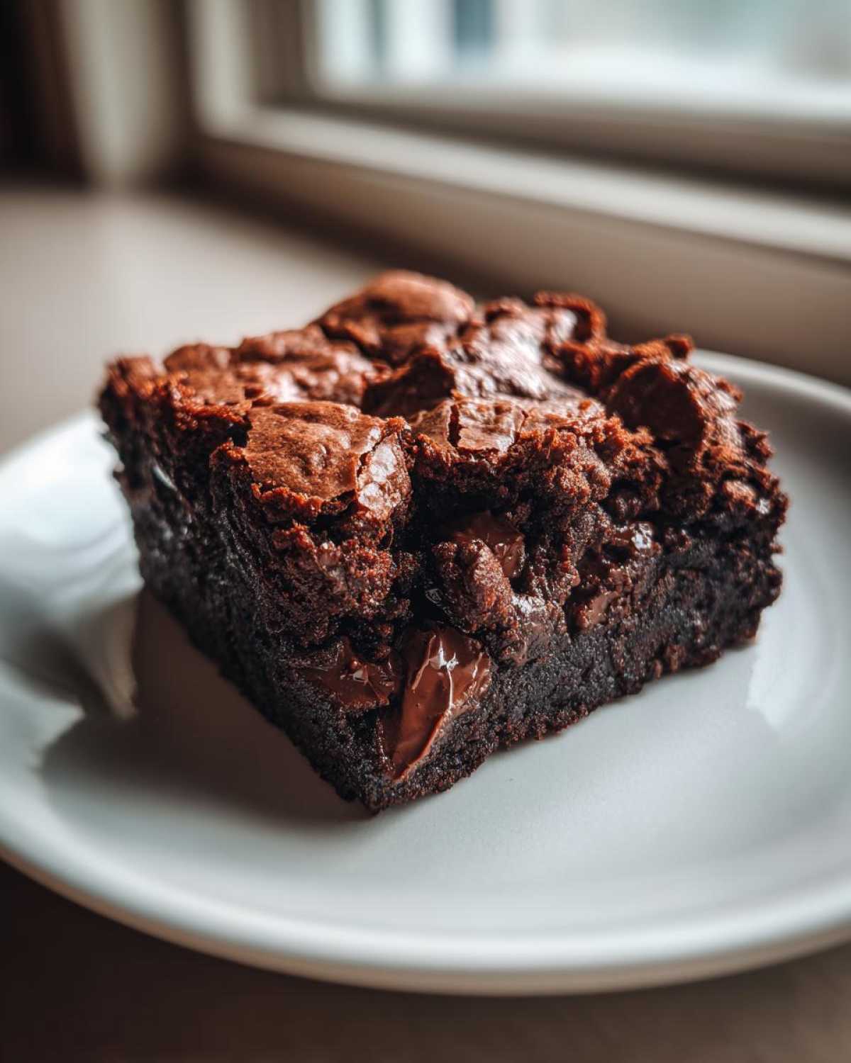 Close-up of a fudgy Dark Chocolate Tahini Brownies slice showing melted chocolate chips on a white plate.
