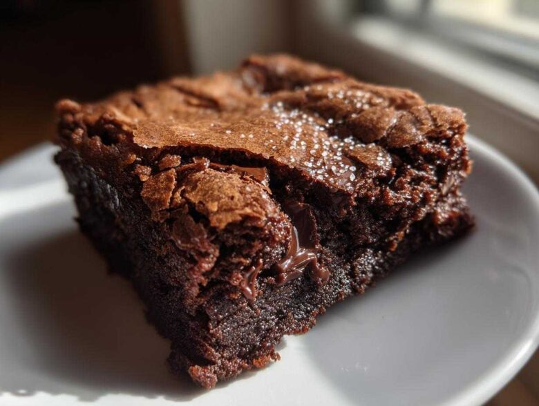 Close-up of a single, fudgy Dark Chocolate Tahini Brownies square with a crackly top sprinkled with sea salt.