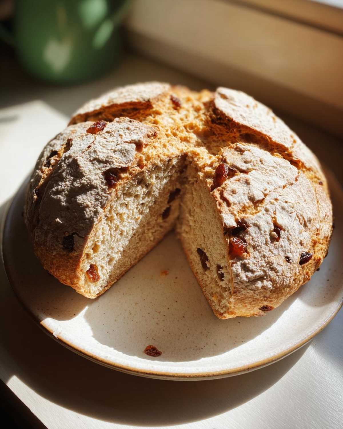 A round loaf of Easy Irish Soda Bread with Buttermilk and Raisins, cut to show the crumb texture and raisins inside.