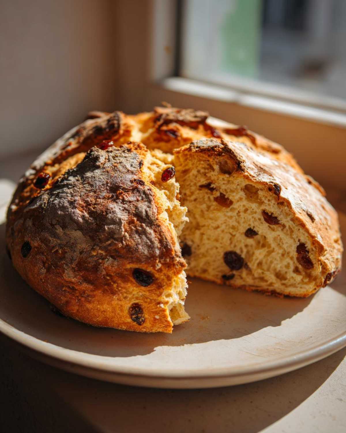 A freshly baked loaf of Easy Irish Soda Bread with Buttermilk and Raisins, cut open to show the crumb.