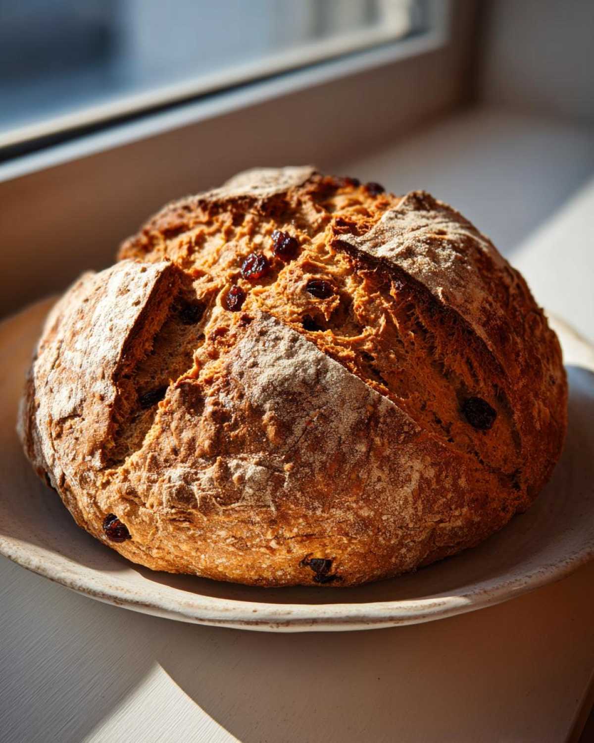 A freshly baked loaf of Easy Irish Soda Bread with Buttermilk and Raisins sitting on a plate near a window.