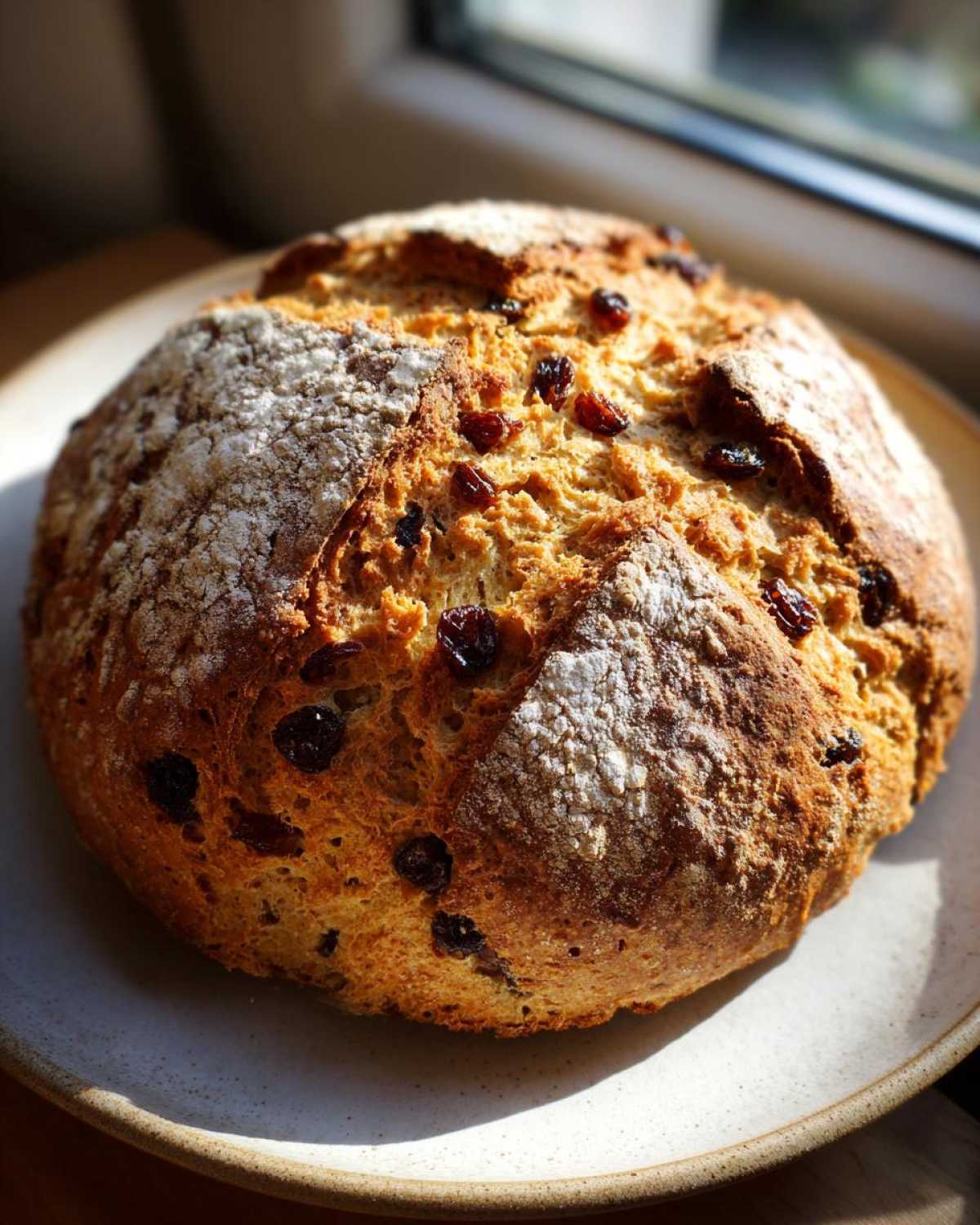 A freshly baked round loaf of Easy Irish Soda Bread with Buttermilk and Raisins, dusted with flour, sitting on a ceramic plate.