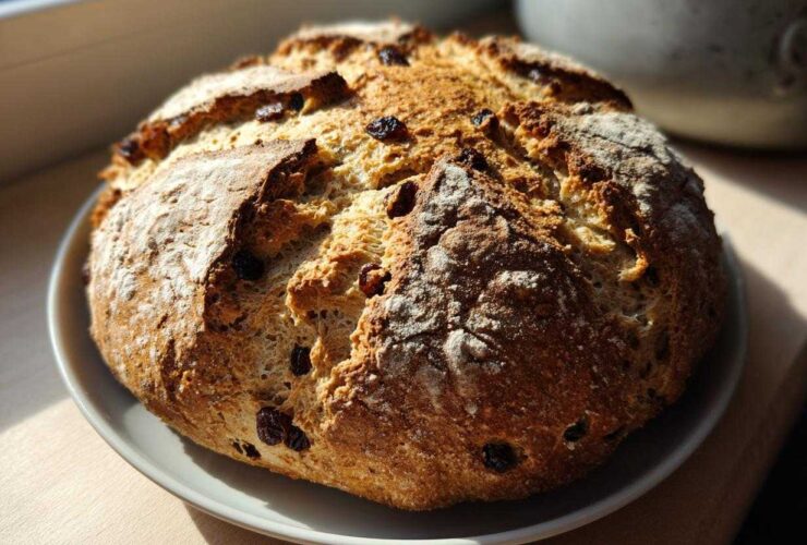 A freshly baked, round loaf of Easy Irish Soda Bread with Buttermilk and Raisins sitting on a white plate.