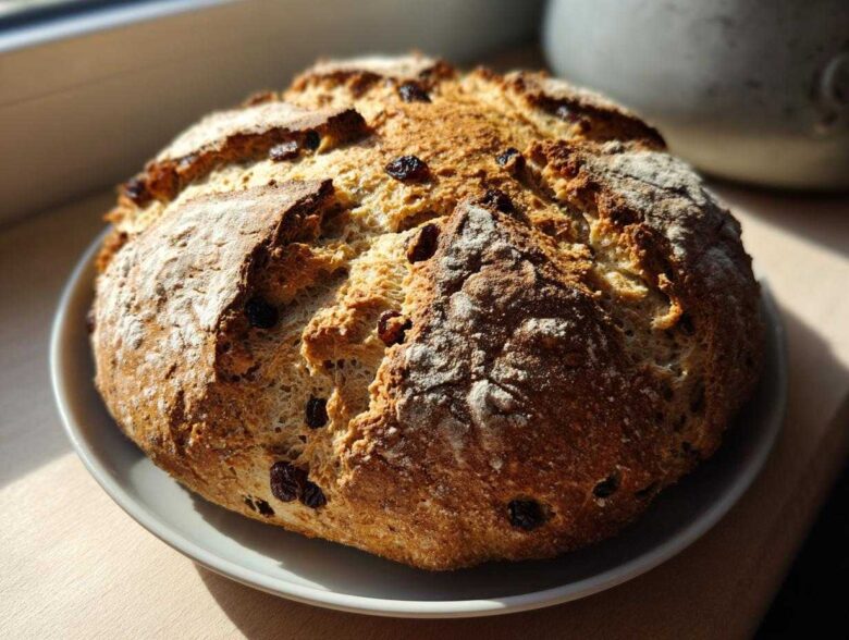 A freshly baked, round loaf of Easy Irish Soda Bread with Buttermilk and Raisins sitting on a white plate.