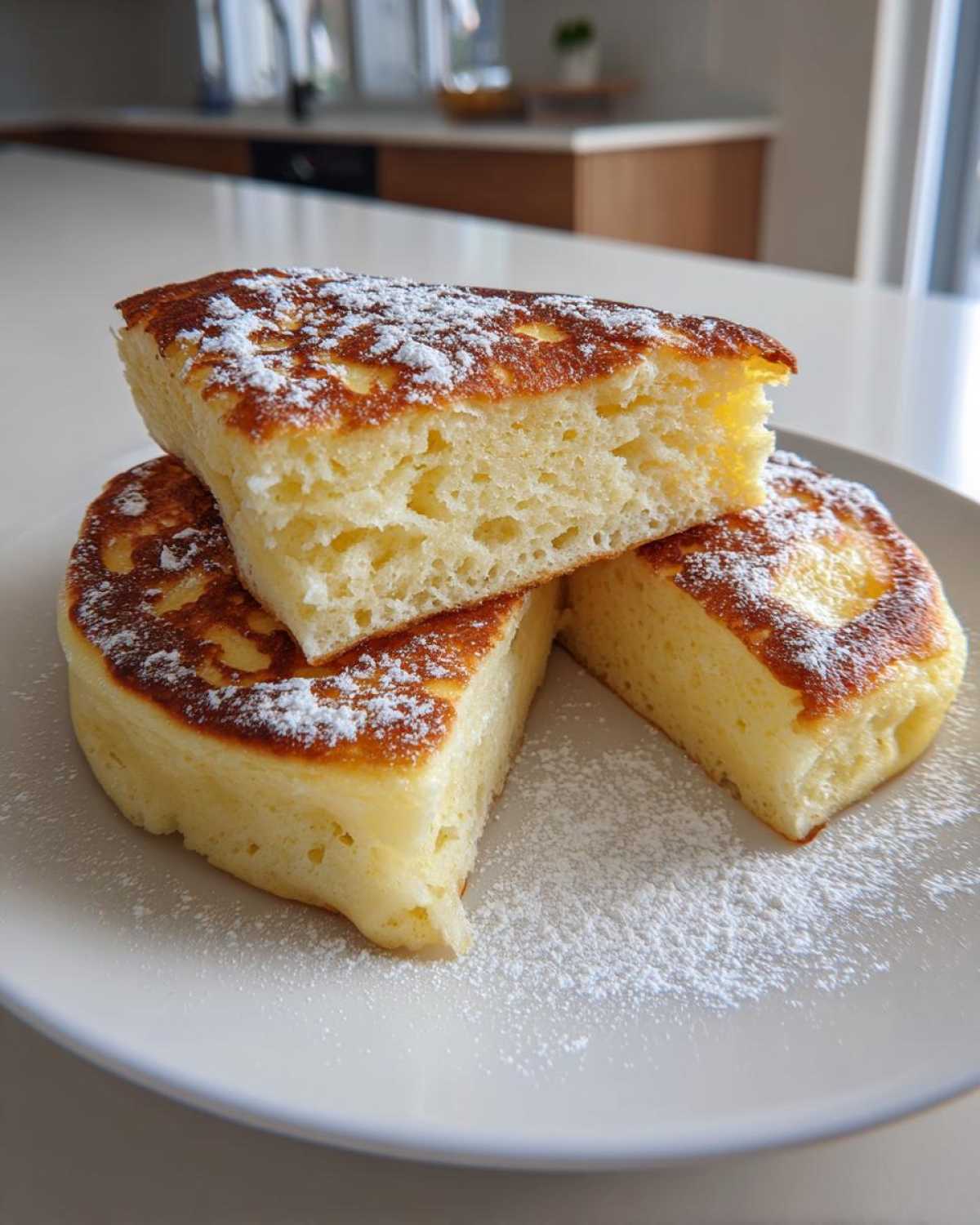 Close-up of thick, fluffy Gluten-Free Buttermilk Pancakes dusted with powdered sugar on a white plate.