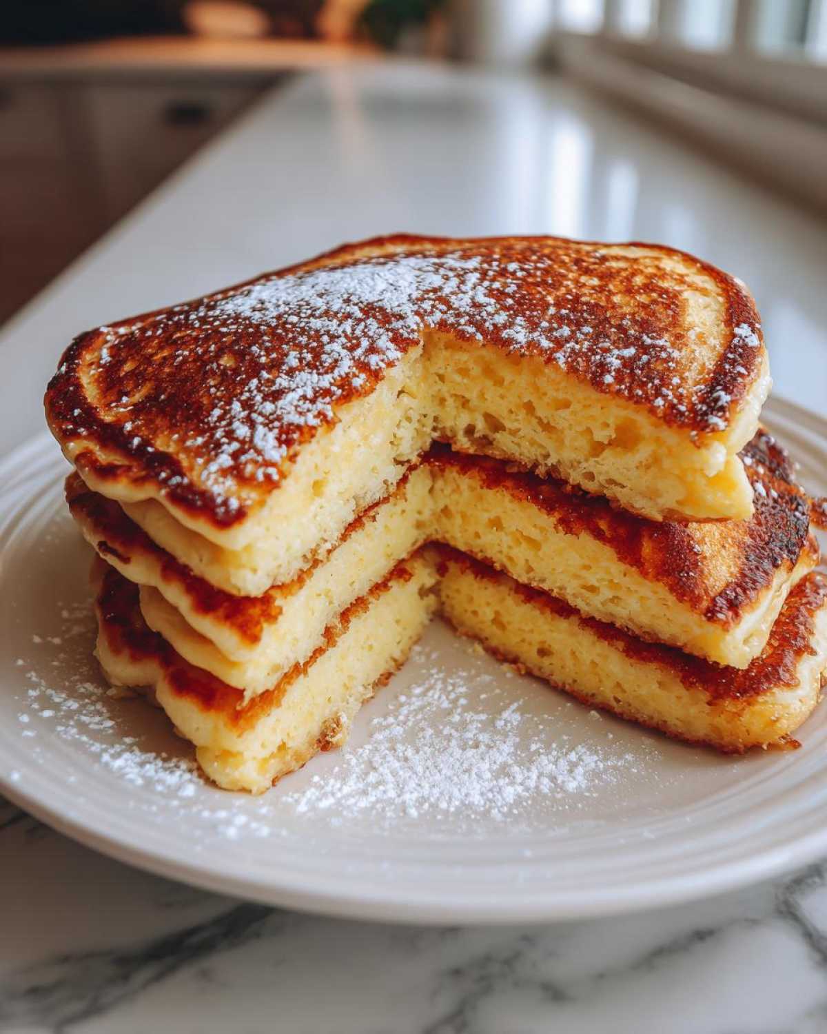 A tall stack of fluffy Gluten-Free Buttermilk Pancakes cut open to show the airy interior, dusted with powdered sugar.