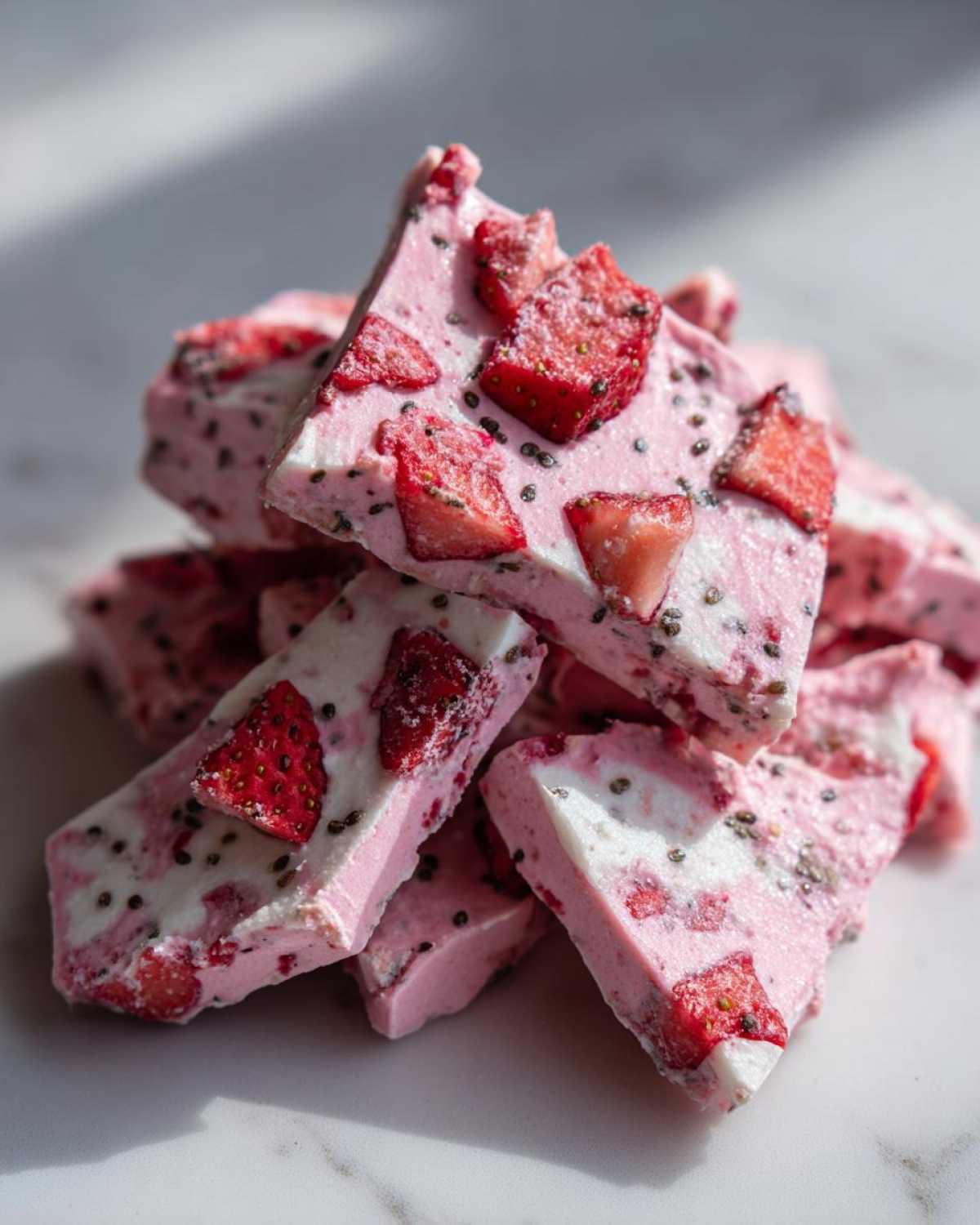 A pile of broken pieces of Frozen Strawberry Yogurt Bark, featuring pink and white swirls, chunks of strawberry, and black chia seeds.