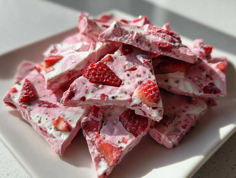 A pile of broken pieces of pink and white Frozen Strawberry Yogurt Bark, studded with sliced strawberries and chia seeds, served on a white plate.