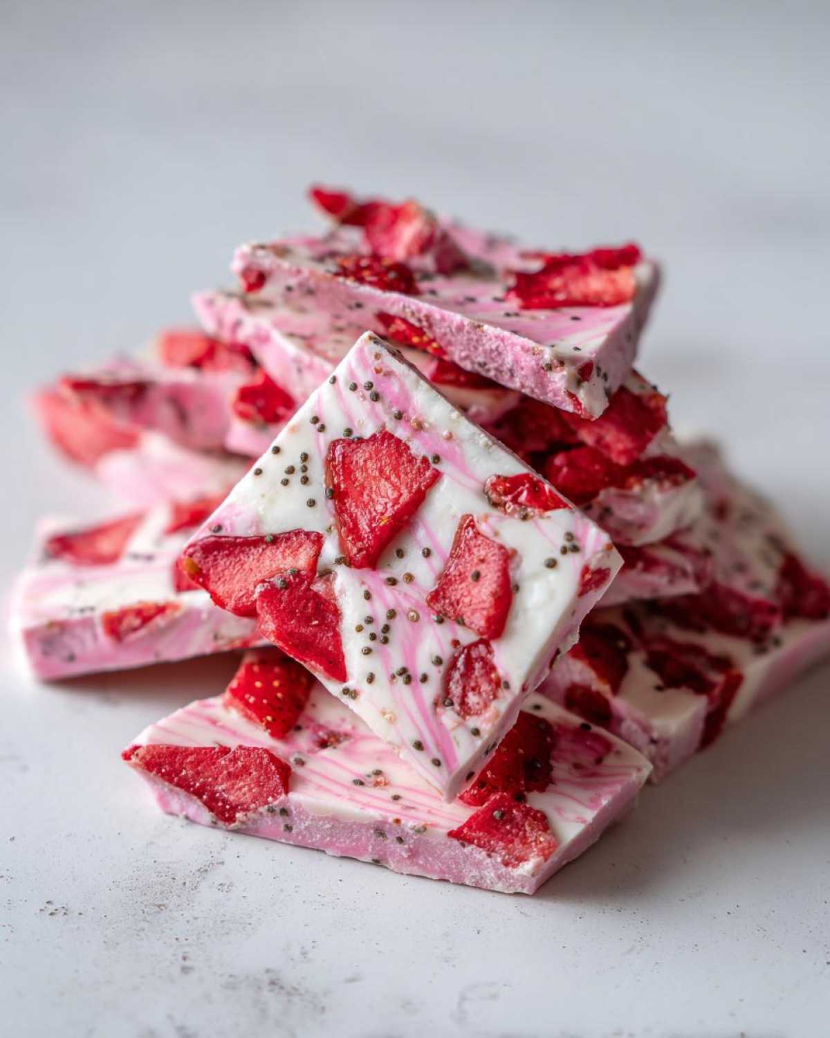 A stack of square pieces of Frozen Strawberry Yogurt Bark, featuring white and pink swirls, topped with dried strawberries and chia seeds.