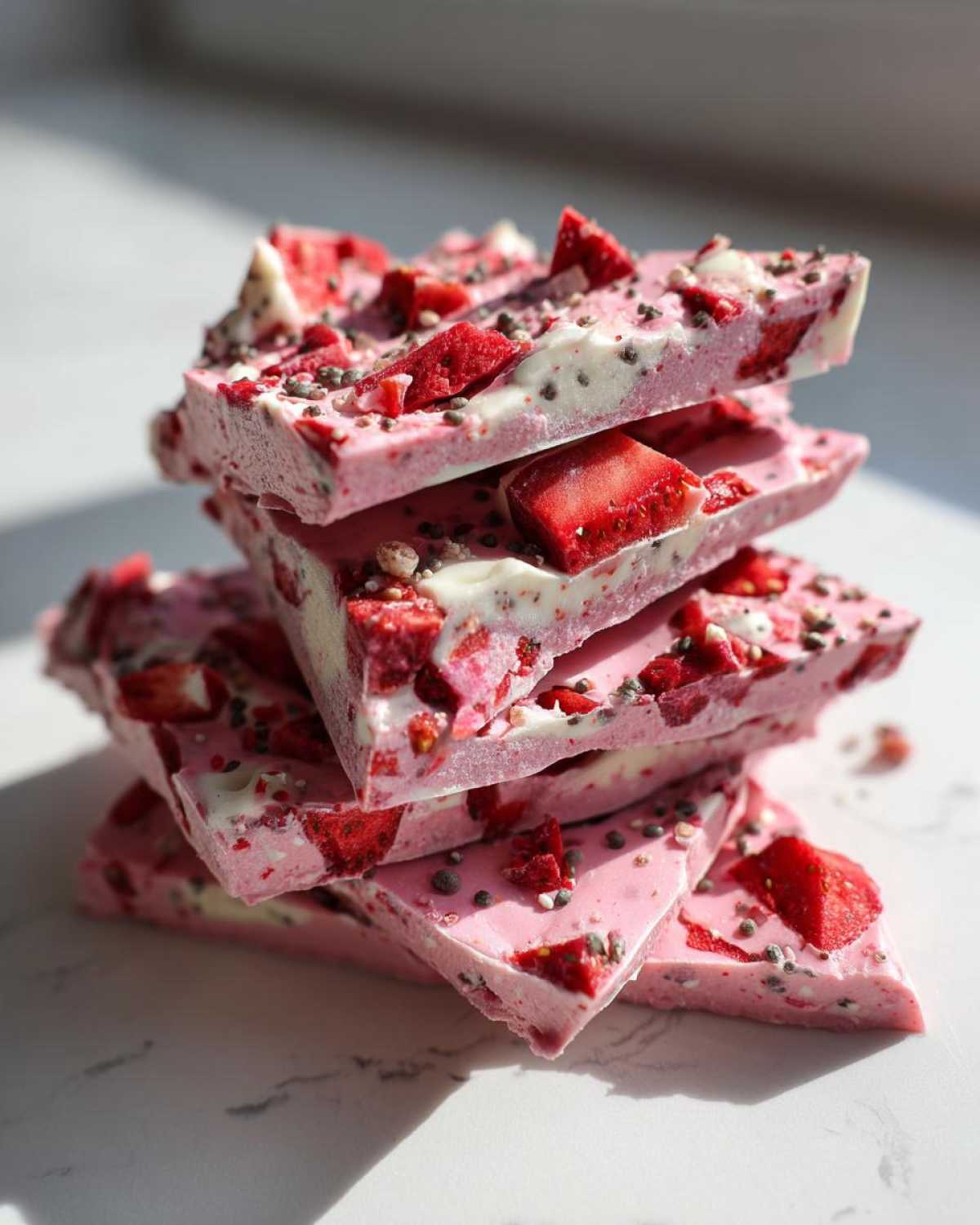 A stack of four broken pieces of bright pink Frozen Strawberry Yogurt Bark topped with freeze-dried strawberries and chia seeds.