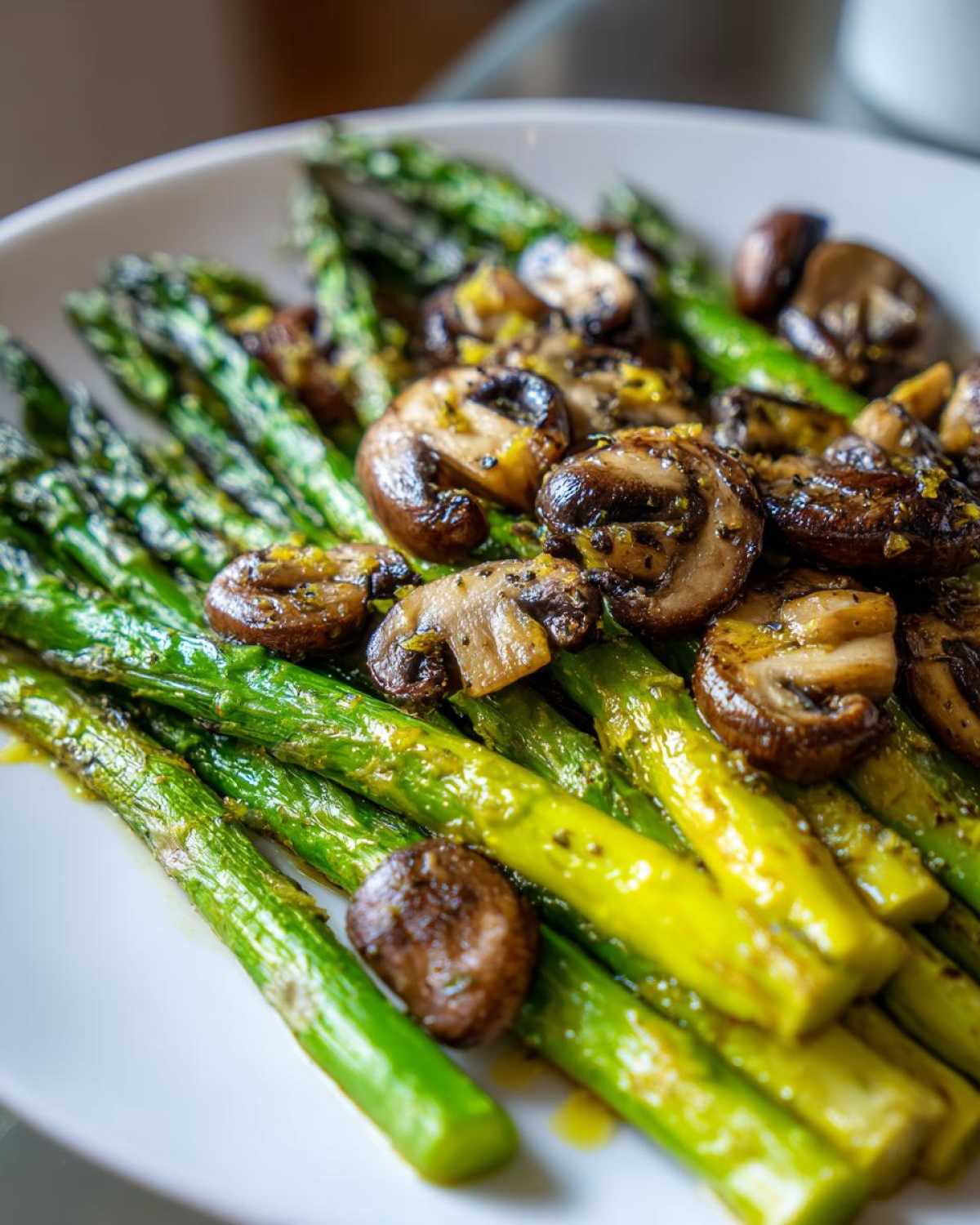 Close-up of bright green Garlic Butter Roasted Asparagus and Mushrooms on a white plate.