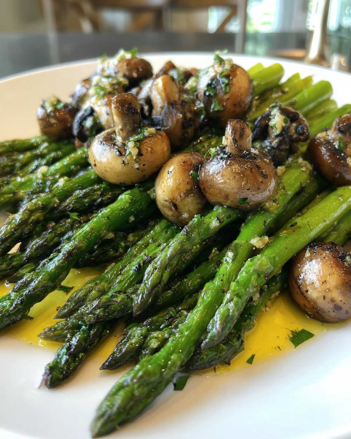 Close-up of vibrant green Garlic Butter Roasted Asparagus and Mushrooms drizzled with garlic butter.