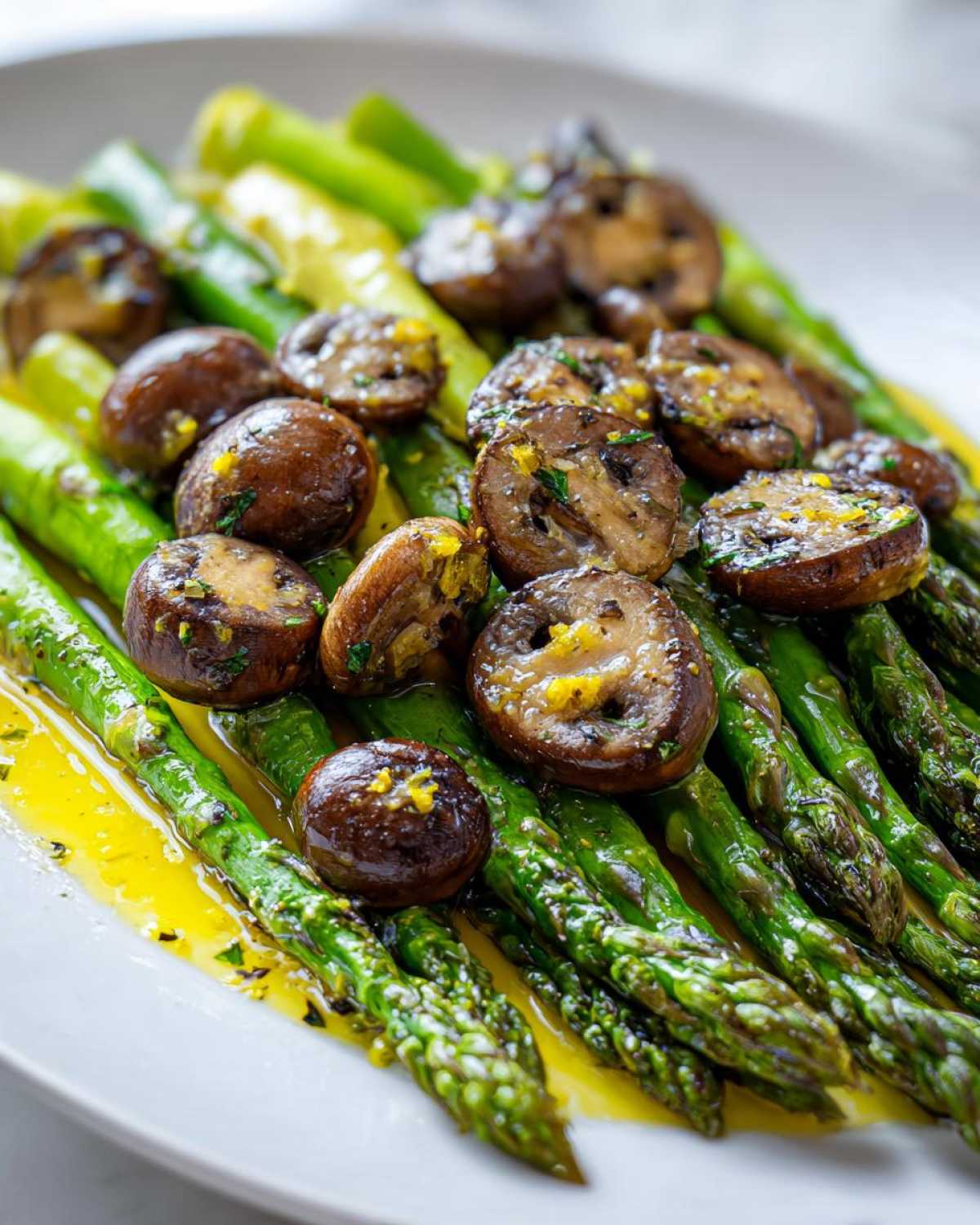 Close-up of vibrant green asparagus spears topped with roasted mushrooms seasoned with garlic butter.