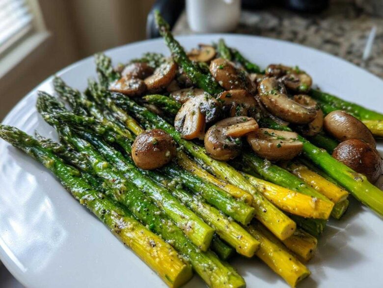 Close-up of vibrant green and yellow Garlic Butter Roasted Asparagus and Mushrooms served on a white plate.