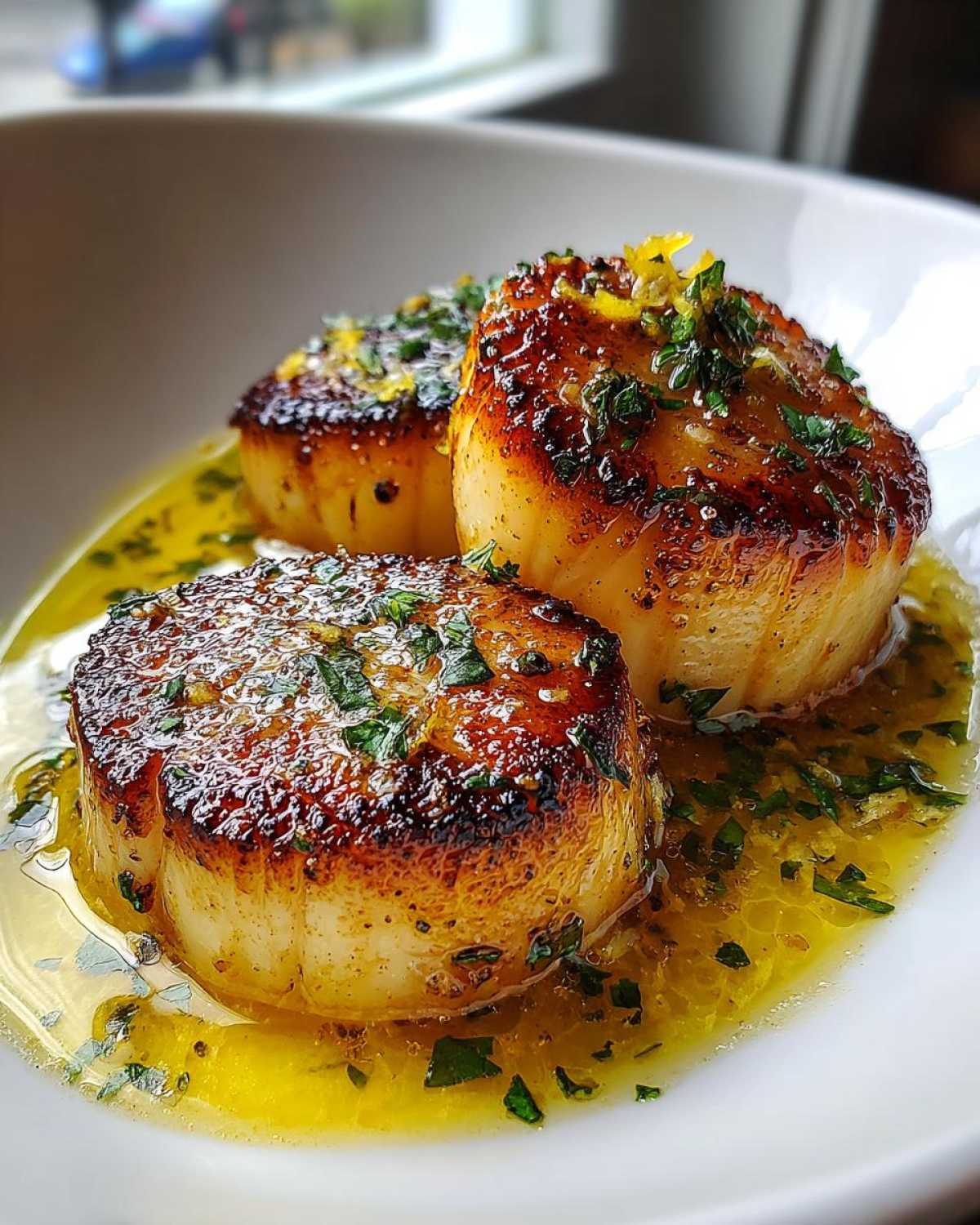 Three perfectly seared Garlic Butter Scallops with Lemon, resting in a pool of melted butter sauce.