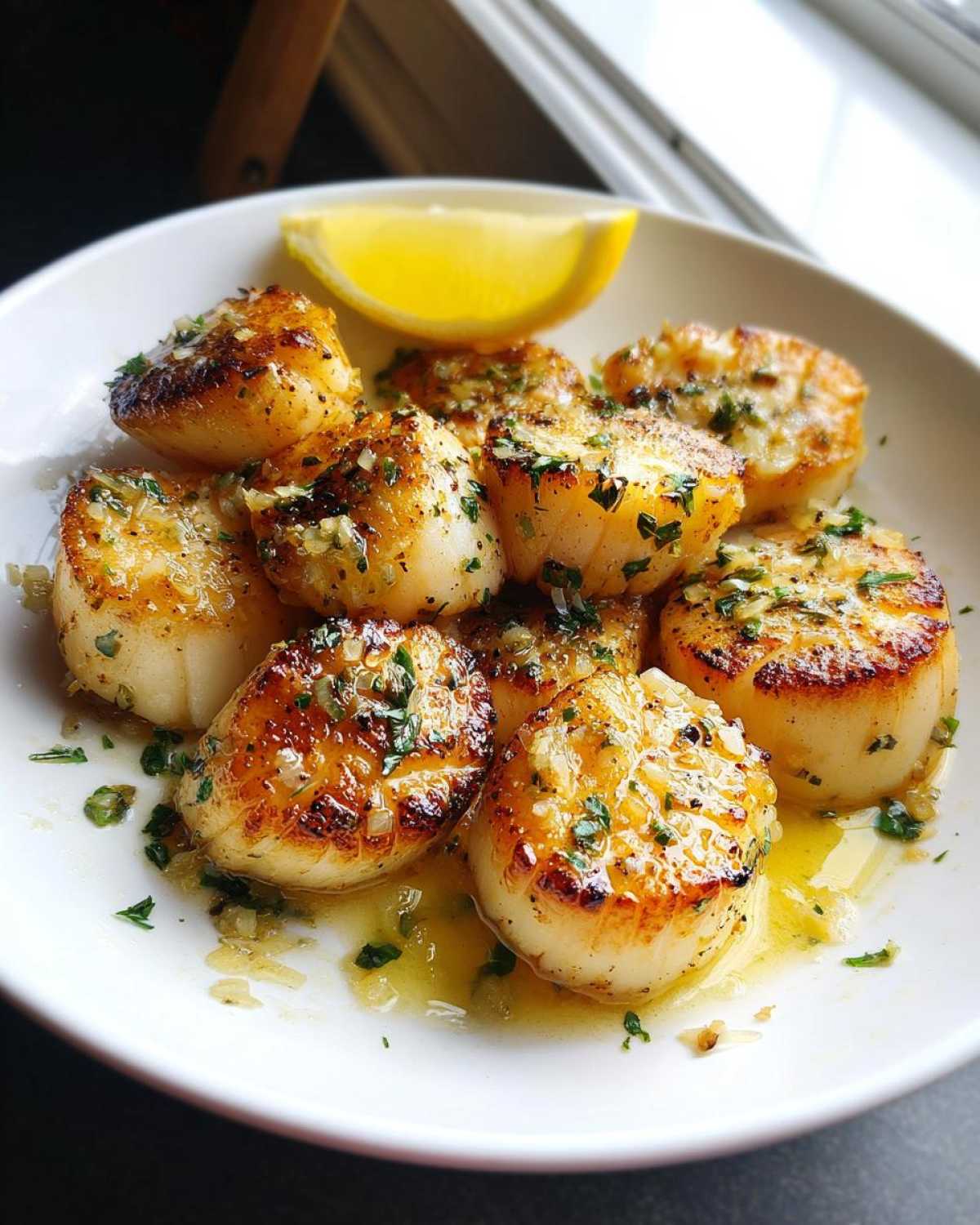 Close-up of perfectly seared Garlic Butter Scallops with Lemon, glistening in butter sauce and topped with herbs.