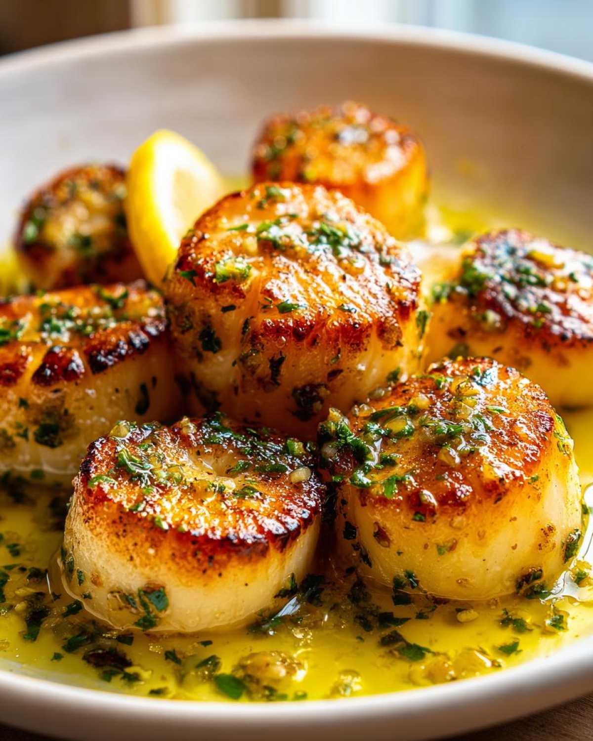 Close-up of seared Garlic Butter Scallops with Lemon, glistening in a rich, herby butter sauce.
