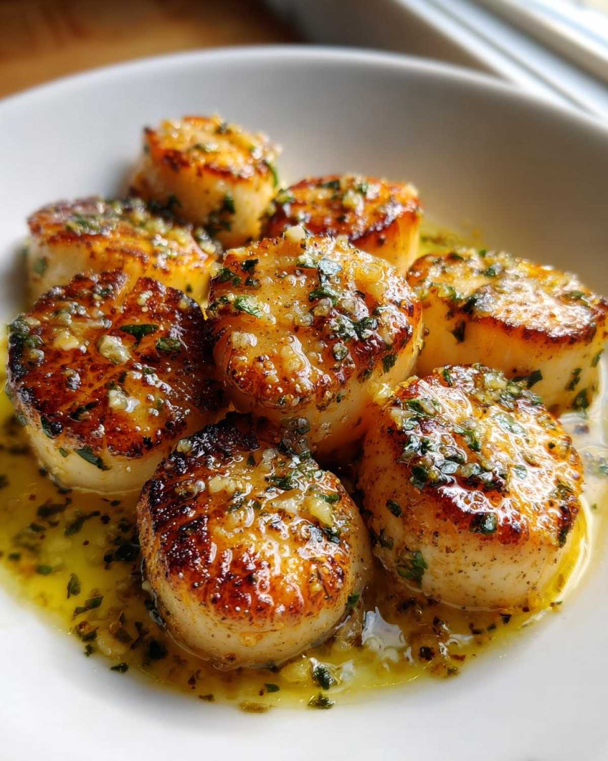 Close-up of seared Garlic Butter Scallops with Lemon, glistening in a rich garlic butter sauce.