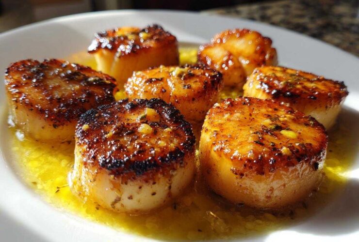 Close-up of perfectly seared Garlic Butter Scallops with Lemon resting in melted butter sauce on a white plate.