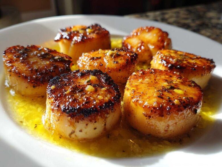 Close-up of perfectly seared Garlic Butter Scallops with Lemon resting in melted butter sauce on a white plate.