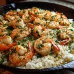 Close-up of Garlic Butter Shrimp and Rice Skillet in a cast iron pan, topped with parsley.
