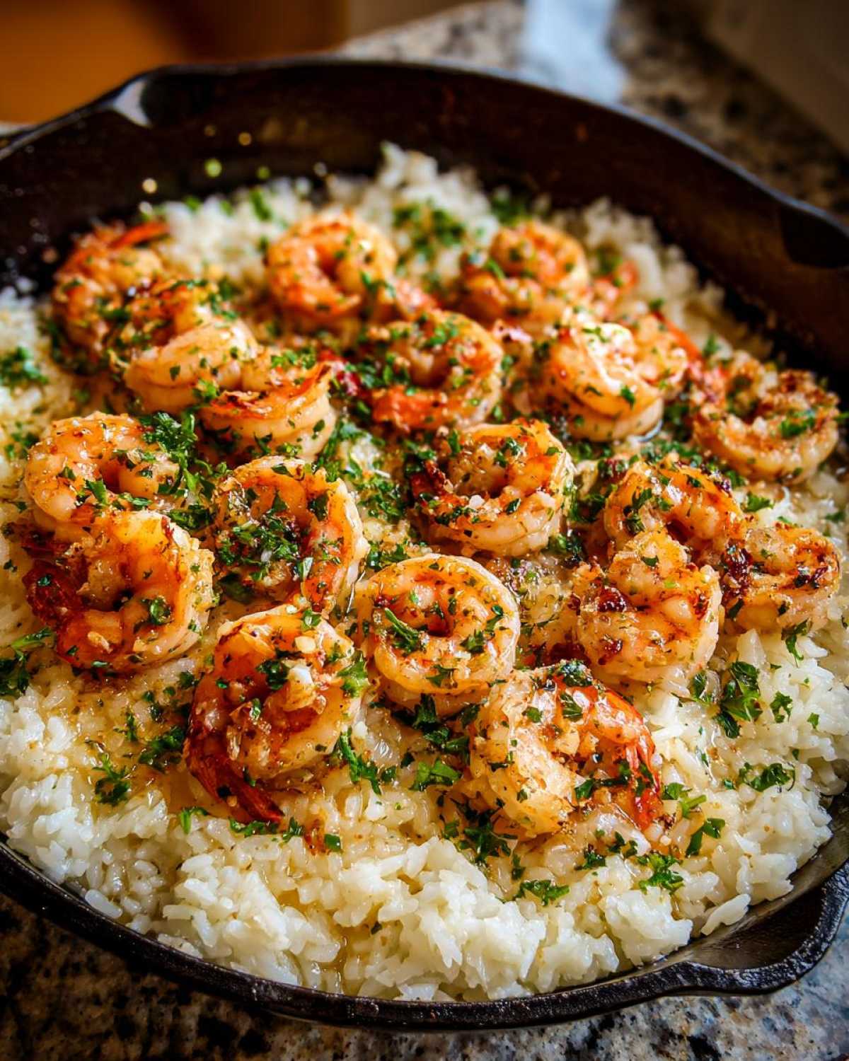 Close-up of Garlic Butter Shrimp and Rice Skillet, featuring plump shrimp coated in garlic butter over white rice, topped with parsley.