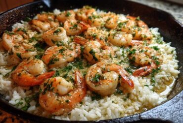 Close-up of Garlic Butter Shrimp and Rice Skillet in a cast iron pan, topped with parsley.