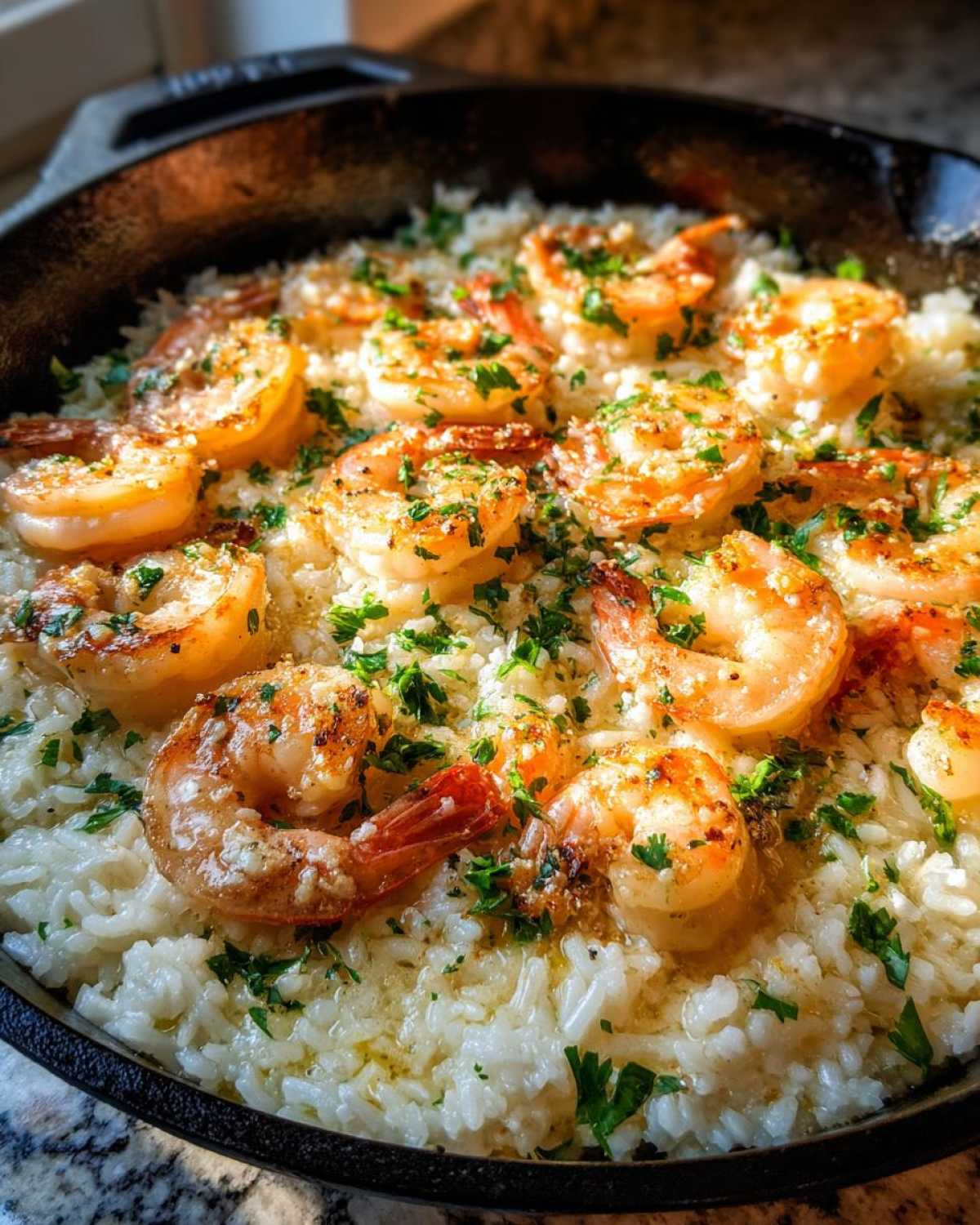 Close-up of Garlic Butter Shrimp and Rice Skillet topped with fresh parsley in a cast iron pan.