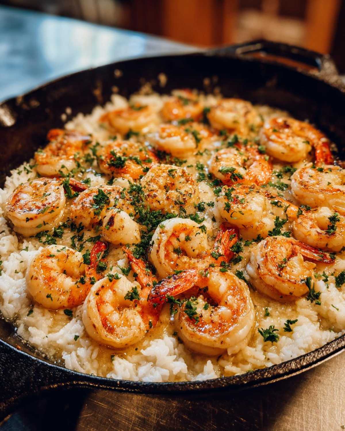 Close-up of Garlic Butter Shrimp and Rice Skillet, featuring plump, seasoned shrimp over creamy rice.