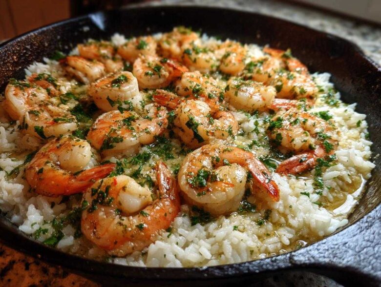 Close-up of Garlic Butter Shrimp and Rice Skillet in a cast iron pan, topped with parsley.