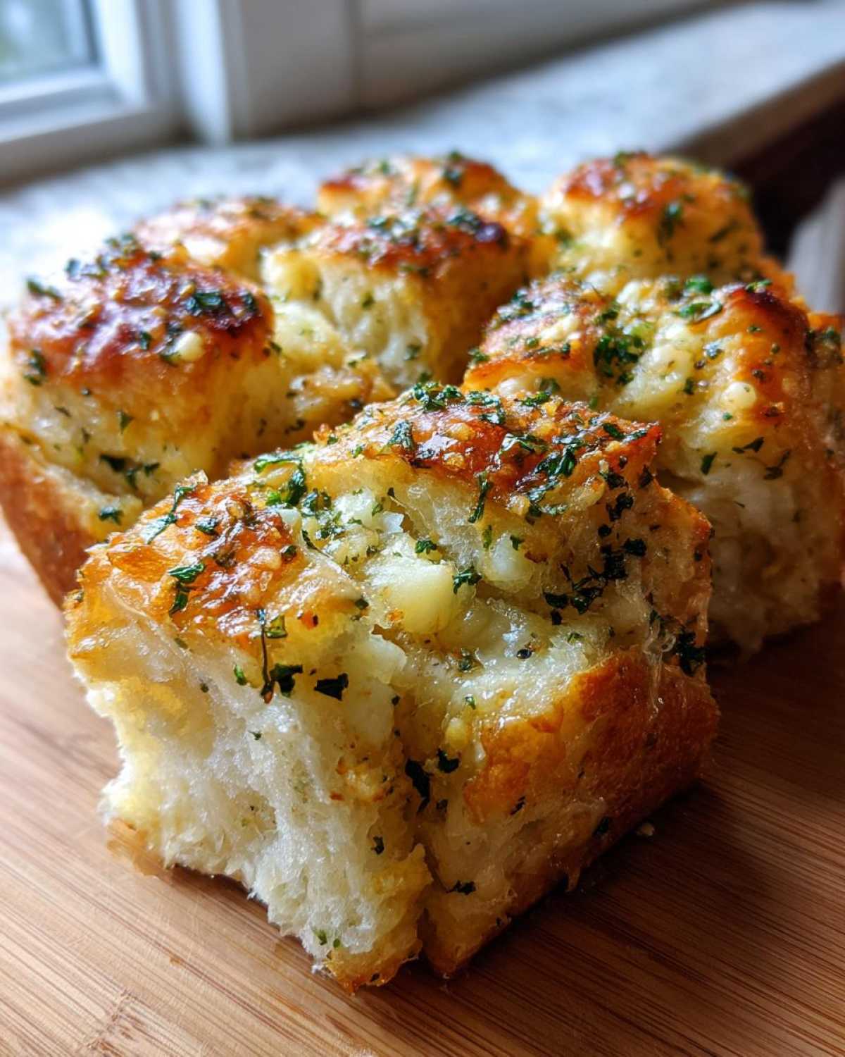 A close-up of cheesy, buttery Garlic Parmesan Pull-Apart Bread pieces on a wooden board.