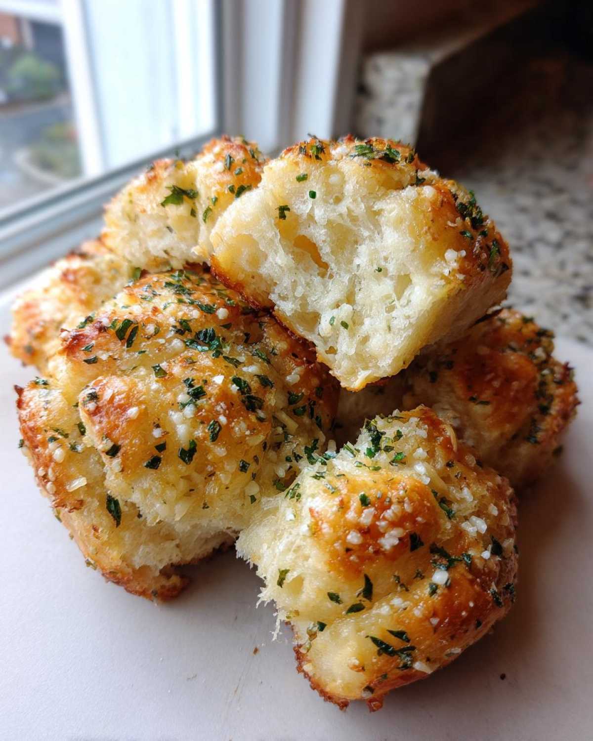 Close-up of fluffy Garlic Parmesan Pull-Apart Bread pieces topped with melted cheese and herbs.