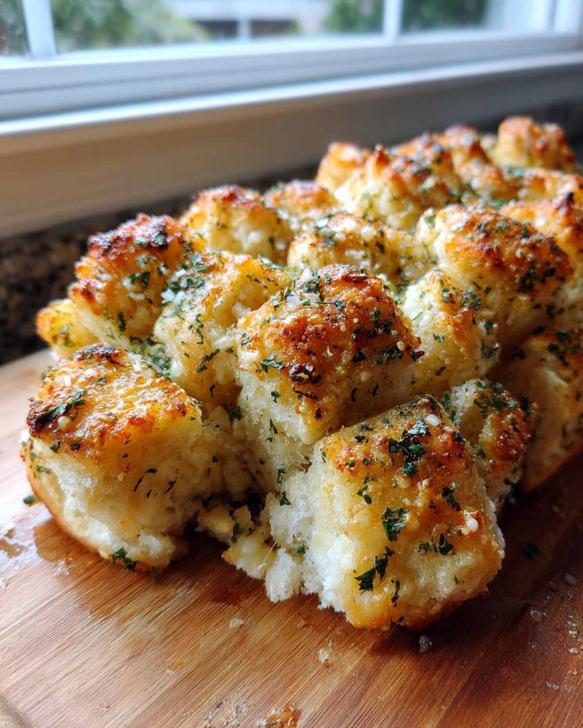 Close-up of golden brown Garlic Parmesan Pull-Apart Bread served on a wooden board.
