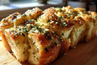 Close-up of freshly baked Garlic Parmesan Pull-Apart Bread glistening with butter and herbs.